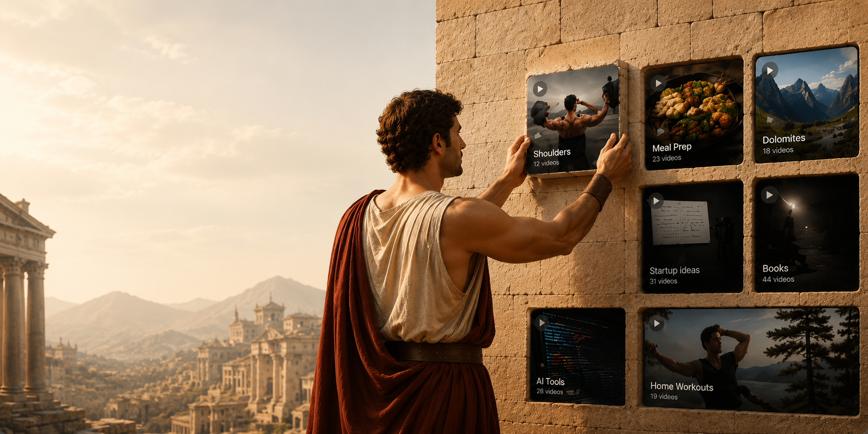 A Roman-inspired artisan placing glowing video Tiles onto a stone Mosaic wall